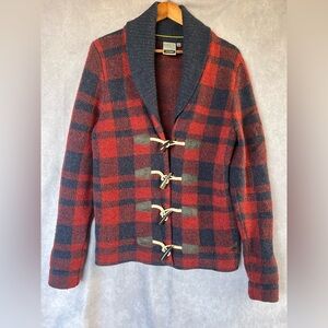 J.C. Rags Shawl Cardigan Sweater Mens Red Blue Buffalo Check Plaid Lambswool L
